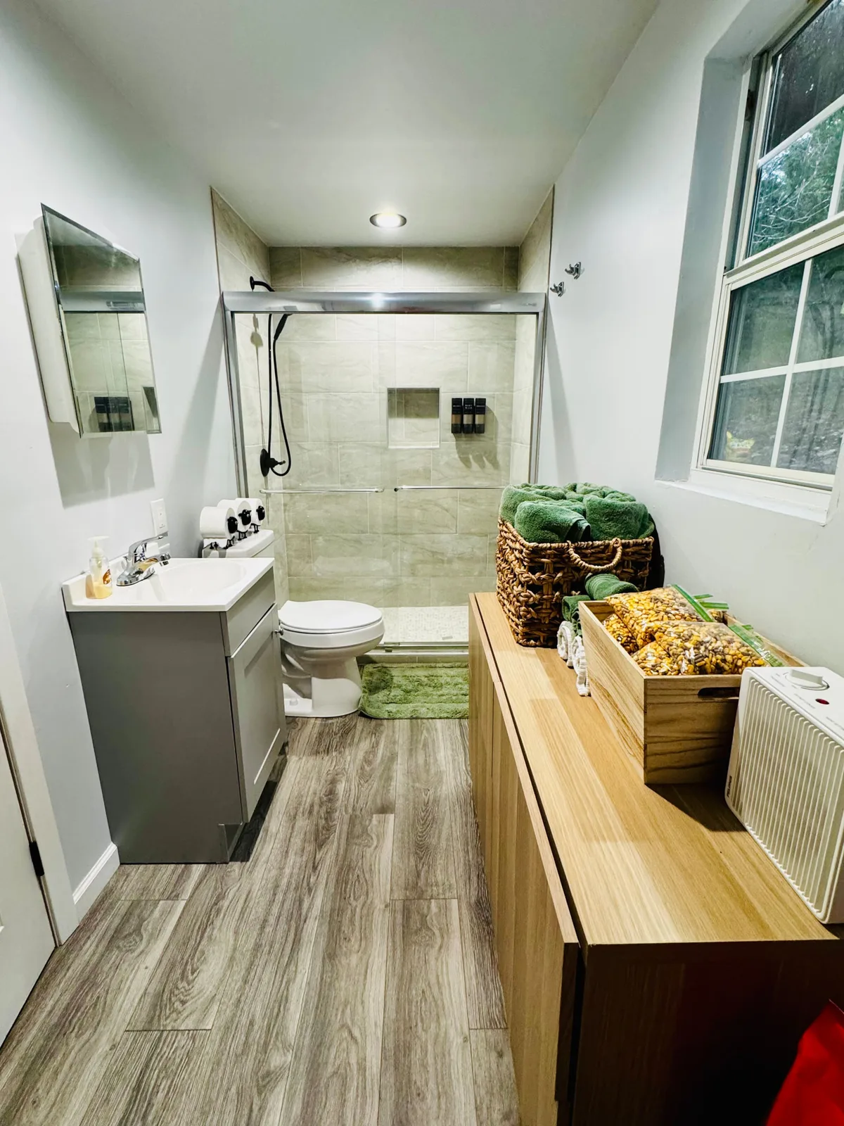 The bathroom, with a glass shower and a window onto the trees