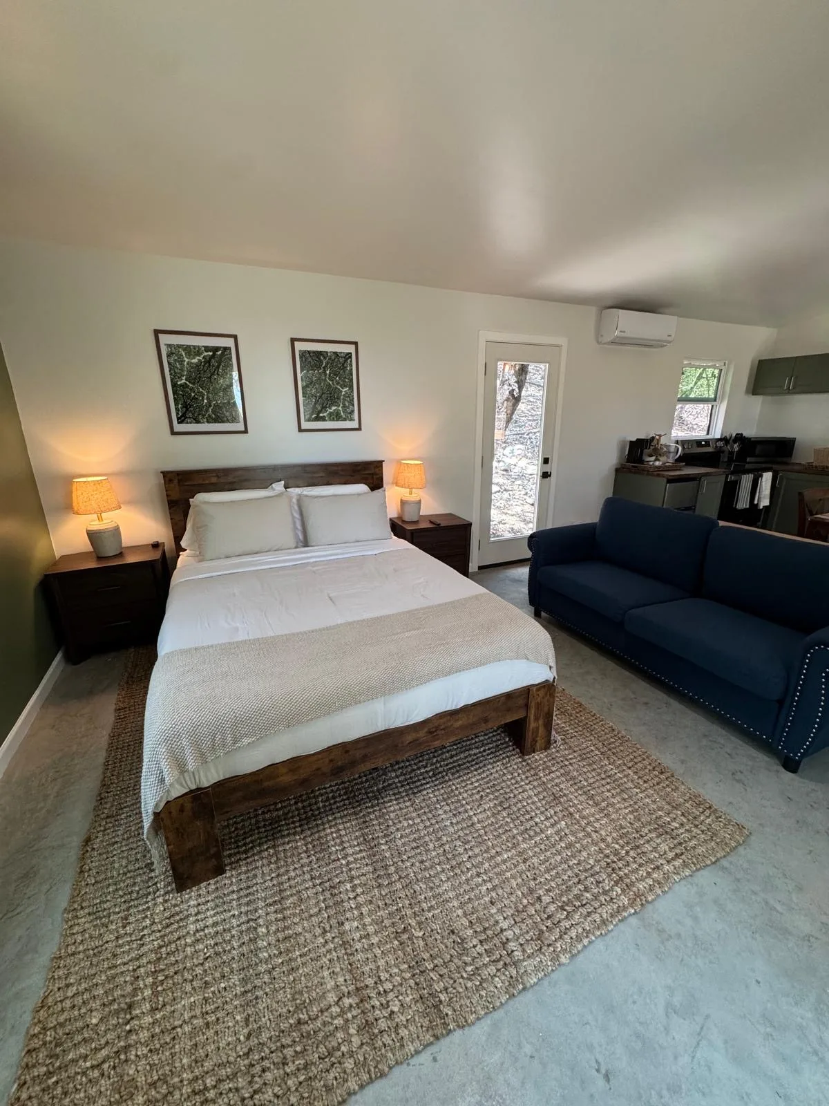 The whole studio at a glance — bed, sofa and kitchenette in one open room